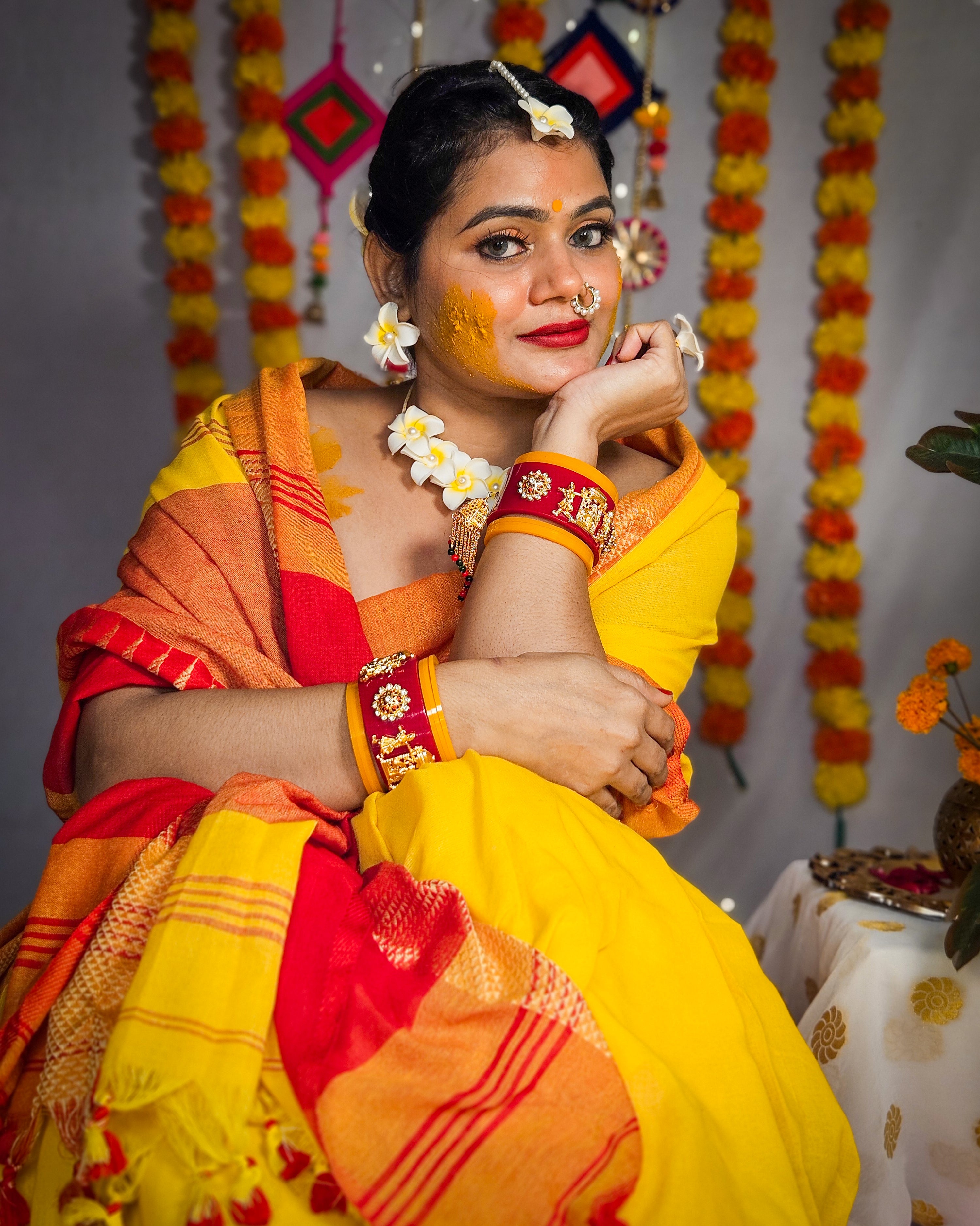 RangDhaaga Yellow & orange Saree with Temple Border